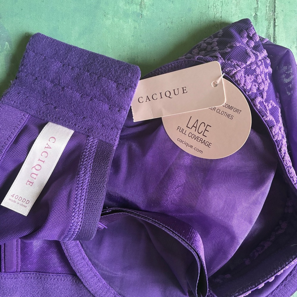 Cacique Purple Floral Lace Bra 40DDD Full Coverage NWT Underwire - Picture 8 of 8